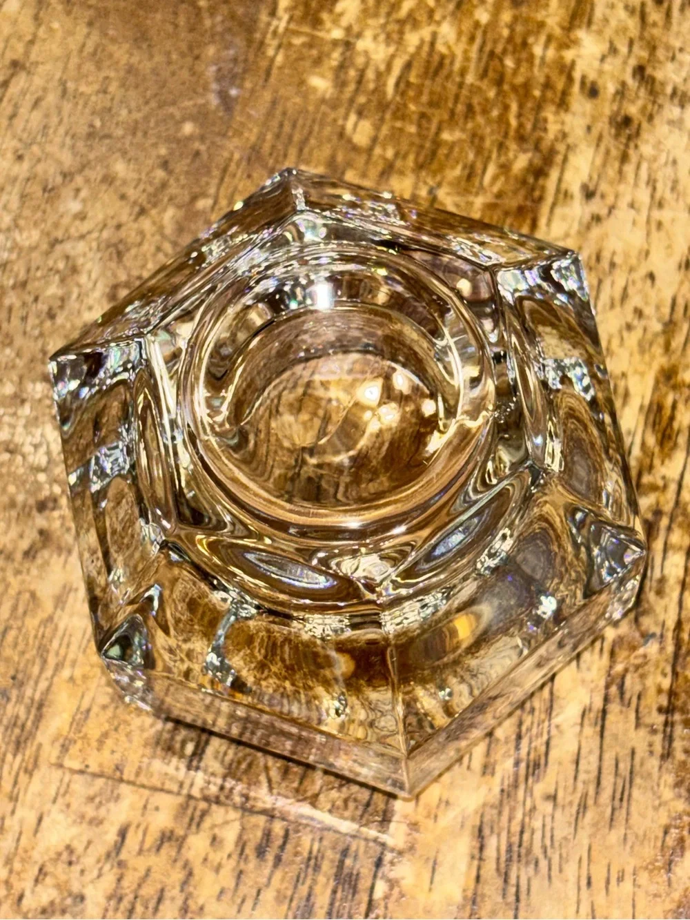 Vintage Heavy Crystal Glass Hexagon Votive Tealight Candle Holder Geometric
